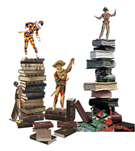 Harlequins play around stacks of books. 